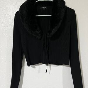 LOVE TREE Fur Collar Bolero Jacket Tie-Up Winter Top Black Size M
